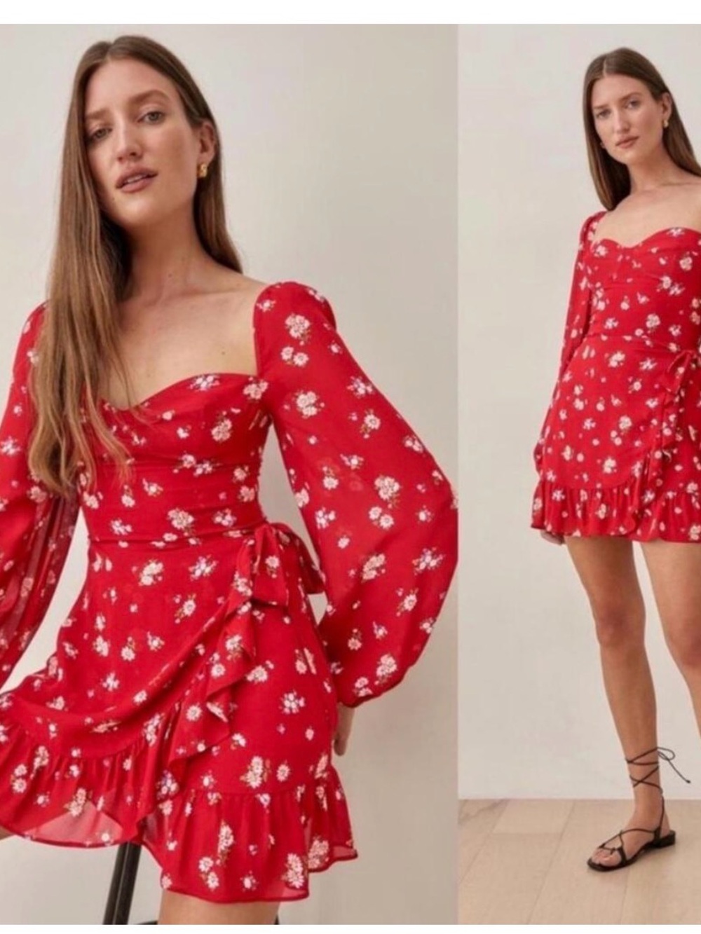 Reformation Red Floral Puff-Sleeve Mini Dress
